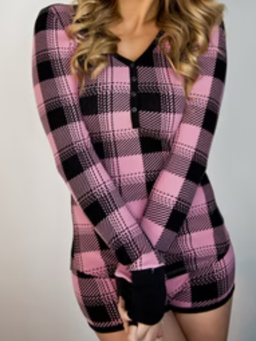 Women's Pink & Black Plaid Long-Sleeve Sleep Romper